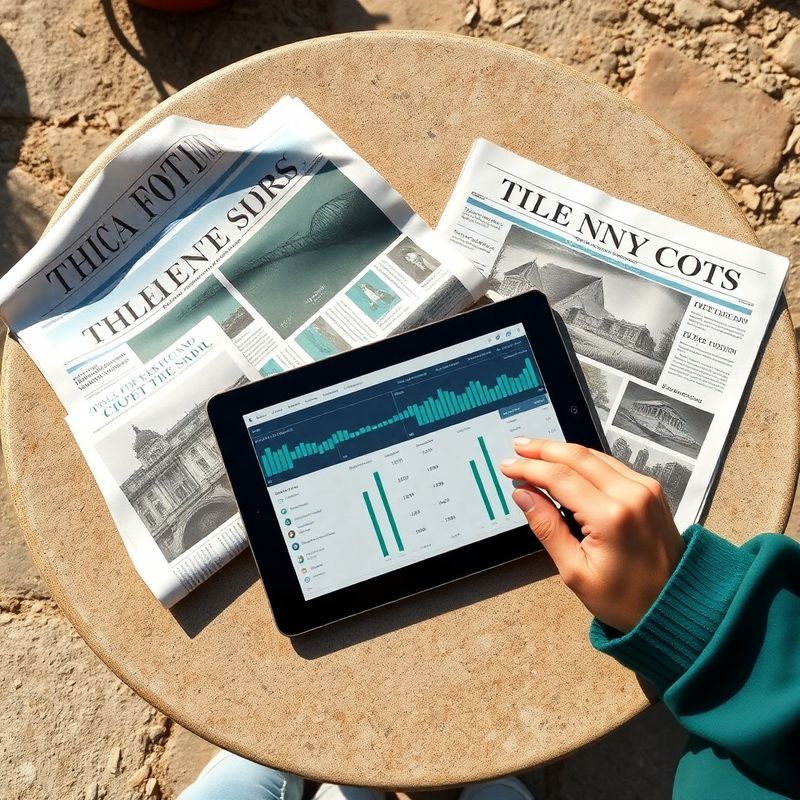 Ekonomske novine i tablet s vizualizacijama podataka na kamenom stolu